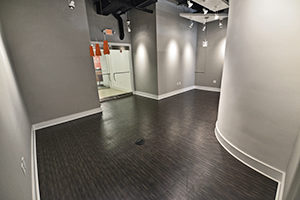 Wicks, Suite 240, offers a spacious reception area with adjustable lighting. Grey walls and dark wood laminate flooring.
