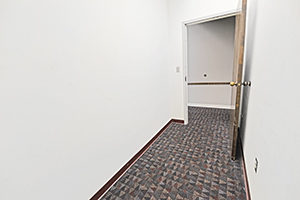 One City Centre, suite 204, provides an elongated storage room with carpet.