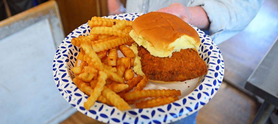 Laconia General Store today, close up of a breaded tenderloin with french fries