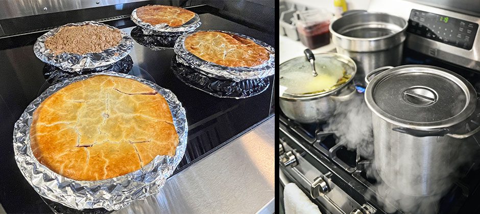 Today, selection of pies and food being cooked over the stove